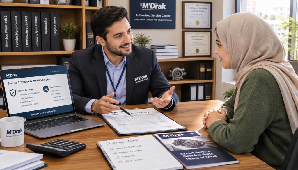 Customer confirming M'Drak service coverage and repair charges